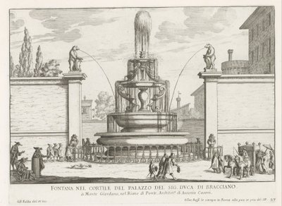 Fontein in de binnenplaats van Palazzo Taverna te Rome Fuente en el patio del Sr. duque de Bracciano (título sobre objeto) Fuentes de Roma (título de la serie) Fonteinen van Rome (título de la serie) de Giovanni Battista Falda