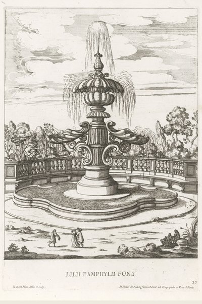 Fuente en los jardines de Villa Doria Pamphilj en Roma Lilii Pamphylii fons (título sobre el objeto) Le fontane ne palazzi e ne giardini di Roma (título de la serie) Fuentes en los Palacios y Jardines de Roma (título de la serie) de Giovanni Battista Falda