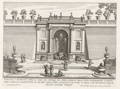 Fontein in de tuinen van de Villa Aldobrandini te Frascati Fuente y elevación sobre la avenida de los cipreses (...) (título sobre objeto) Fuentes de las villas de Frascati (título de la serie) Fonteinen van Frascati (título de la serie) de Giovanni Battista Falda