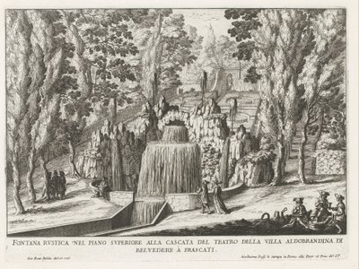 Fontein in de tuinen van de Villa Aldobrandini te Frascati Fuente rústica en el piso superior en la cascada del teatro (...) (título sobre objeto) Fuentes de las villas de Frascati (título de la serie) Fonteinen van Frascati (título de la serie) de Giovanni Battista Falda