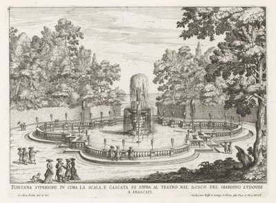 Fontein in de tuinen van de Villa Torlonia te Frascati Fuente superior en lo alto de la escalera y cascada sobre el teatro (...) (título sobre objeto) Fuentes de las villas de Frascati (título de la serie) Fonteinen van Frascati (título de la serie) de Giovanni Battista Falda