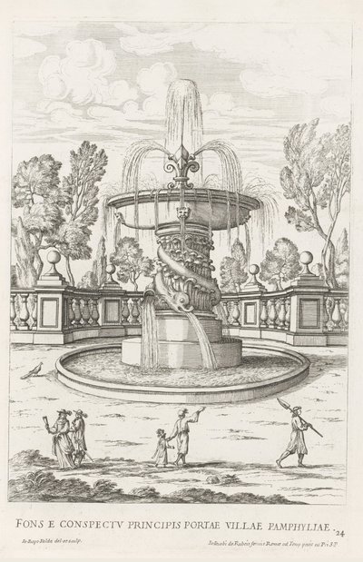 Fontein conoció a dolfijnen in de tunen van Villa Doria Pamphilj te Rome La fuente frente a la puerta principal de la Villa Panfilia (título sobre el objeto) Le fontane ne palazzi e ne giardini di Roma (título de la serie) Fonteinen in de paleizen en tuine de Giovanni Battista Falda