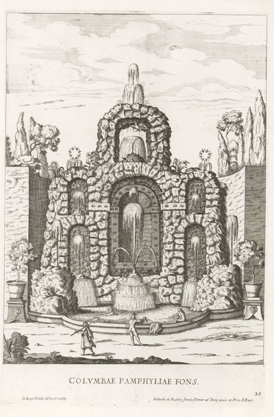 Fuente con palomas en los jardines de Villa Doria Pamphilj en Roma Columbae Pamphyliae fons (título del objeto) Le fontane ne palazzi e ne giardini di Roma (título de la serie) Fuentes en los Palacios y Jardines de Roma (título de la serie) de Giovanni Battista Falda