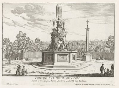 Fontein op Piazza San Pietro in Montorio op de Janiculumberg te Rome Fuente en el monte Gianicolo (título sobre el objeto) Fuentes de Roma (título de la serie) Fonteinen van Rome (título de la serie) de Giovanni Battista Falda