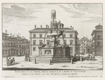 Fontein op Piazza Santa Maria en Trastevere Fuente en la plaza de la Basílica de S. Maria in Trastevere (título sobre objeto) Fuentes de Roma (título de la serie) Fonteinen van Rome (título de la serie) de Giovanni Battista Falda