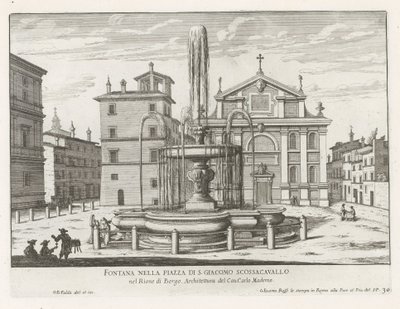 Fontein op Piazza Scossacavalli te Roma Fuente en la Piazza di S. Giacomo Scossacavallo (título sobre objeto) Fuentes de Roma (título de la serie) Fonteinen van Rome (título de la serie) de Giovanni Battista Falda
