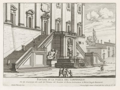 Fuente frente al Palazzo Senatorio en el Capitolio de Roma Fontana su la Piazza del Campidoglio (título sobre objeto) Fontane di Roma (título de la serie) Fuentes de Roma (título de la serie) de Giovanni Battista Falda
