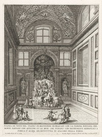 Sala de los Vientos en de tuinen van de Villa Aldobrandini te Frascati Sala de veinte en el Teatro Belvedere en Frascati (...) (título sobre objeto) Fuentes de las villas de Frascati (título de la serie) Fonteinen van Frascati (título de la serie) de Giovanni Battista Falda