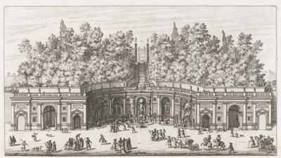 Teatro de las Aguas en de tuinen van de Villa Aldobrandini te Frascati Vista y alzado del gran teatro de agua de Villa Aldobrandina (...) (título sobre objeto) Fuentes de las villas de Frascati (título de la serie) Fonteinen van Frascati (título de la seri de Giovanni Battista Falda