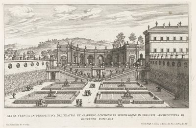 Tuinen van de Villa Mondragone te Frascati Otra vista en perspectiva del teatro y el jardín contiguo (...) (título sobre el objeto) Fuentes de las villas de Frascati (título de la serie) Fonteinen van Frascati (título de la serie) de Giovanni Battista Falda