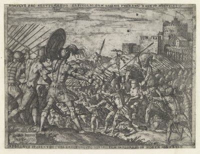 El ejército de Rómulo en batalla con los sabinos Romulus pro recuperando (...) in hostem vertit (título sobre objeto) Vidas de Rómulo y Remo (título de la serie) de Giovanni Battista Fontana