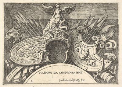 Placa 1: trofeos de armas romanas de decoraciones sobre las ventanas en el segundo piso..., 1656-58 de Giovanni Battista Galestruzzi