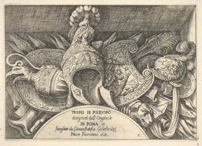 Placa 5: trofeos de armas romanas de decoraciones sobre las ventanas en el segundo piso de... de Giovanni Battista Galestruzzi