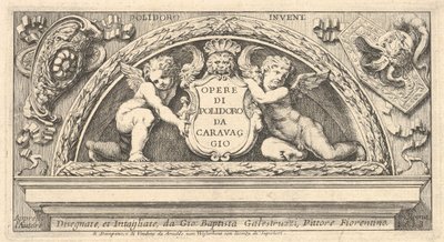 Título de la serie de grabados después de Poloidoro, título en un escudo sostenido por dos putti de Giovanni Battista Galestruzzi