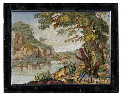Un cuadro de micromosaico italiano de un grupo de cazadores en un paisaje fluvial de Giovanni Battista Luchini