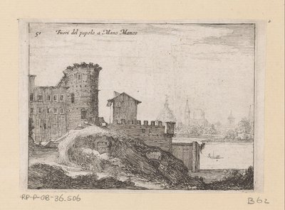 Bouwwerken te Rome, nabij de Porta del Popolo Del pueblo a Mano Manco (título sobre objeto) Gezichten op Rome (título de la serie) Algunas vistas y perspectivas de lugares deshabitados en Roma (título de la serie) de Giovanni Battista Mercati