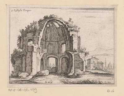 Restos del Templo de Minerva Medica en un paisaje Listesso Tempio (título sobre objeto) Vistas de Roma (título de la serie) Alcune vedute et prospettive di luoghi dishabitati di Roma (título de la serie) de Giovanni Battista Mercati