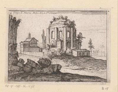 Resten van de Tempel van Minerva Medica en un paisaje Templo de Minerva Medica di la da S.ta Bibiana (título sobre el objeto) Gezichten op Rome (título de la serie) Algunas vistas y perspectivas de lugares deshabitados en Roma (título de la serie) de Giovanni Battista Mercati