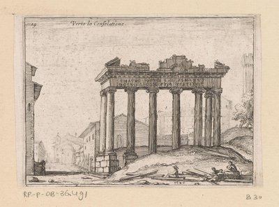 Restos del Templo de Saturno en el Foro Romano en Roma Verto la Consolatione (título sobre objeto) Vistas de Roma (título de la serie) Alcune vedute et prospettive di luoghi dishabitati di Roma (título de la serie) de Giovanni Battista Mercati