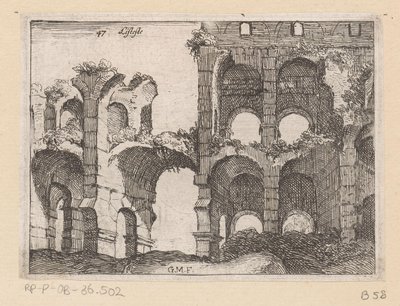 Restos del Coliseo de Roma Listesso (título sobre objeto) Vistas de Roma (título de la serie) Alcune vedute et prospettive di luoghi dishabitati di Roma (título de la serie) de Giovanni Battista Mercati