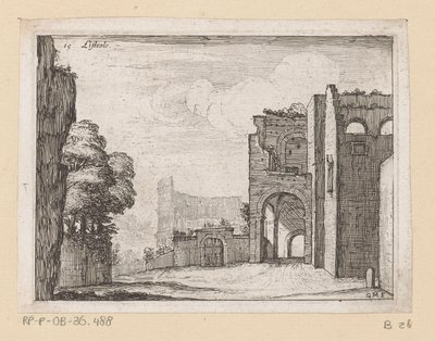 Ruinas en el Coliseo de Roma Listesso (título sobre objeto) Vistas de Roma (título de la serie) Alcune vedute et prospettive di luoghi dishabitati di Roma (título de la serie) de Giovanni Battista Mercati