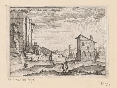 Ruinas del Palazzo Maggiore en Roma y edificios cercanos Sallo pallazo Maggiore (título sobre objeto) Vistas de Roma (título de la serie) Alcune vedute et prospettive di luoghi dishabitati di Roma (título de la serie) de Giovanni Battista Mercati