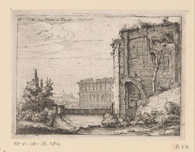 Ruinas del edificio antiguo y del Coliseo en Roma Sotto San Pietro in Vincolo (título sobre objeto) Vistas de Roma (título de la serie) Alcune vedute et prospettive di luoghi dishabitati di Roma (título de la serie) de Giovanni Battista Mercati