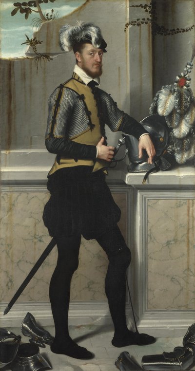 Un caballero con su casco de justa Il Cavaliere dal Piede Ferito, Conde Faustino Avogadro, ca 1554 de Giovanni Battista Moroni
