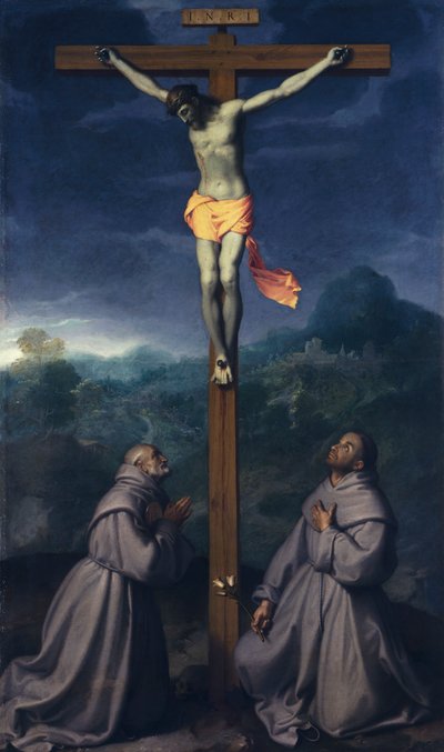 Crucifixión con los santos Bernardino y Antonio de Padua, de Giovanni Battista Moroni (1525 ca- 1578), óleo sobre lienzo, 226x133 cm, Iglesia de San Giuliano, Albino de Giovanni Battista Moroni