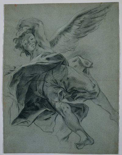 Un ángel volador recto, estudios de manos tocando instrumentos verso, 1723-1727 de Giovanni Battista Piazzetta