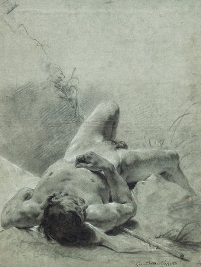 Un joven desnudo tumbado de espaldas, sobre un banco, acostado sobre un estándar de Giovanni Battista Piazzetta