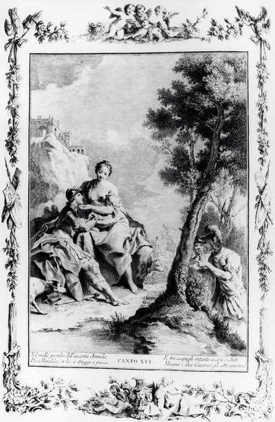 Armida y Rinaldo vistos por los cruzados Carlo y Ubaldo, canto XVI, Jerusalén liberada de Giovanni Battista Piazzetta