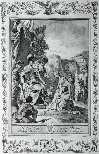 Armida frente a Goffredo, grabado, por Giovanni Battista Piazzetta (1683-1754) para el Canto III de Jerusalén Liberada, por Torquato Tasso (1544-1595), publicado por Giovanni Battista Albrizzi, Venecia, Italia de Giovanni Battista Piazzetta