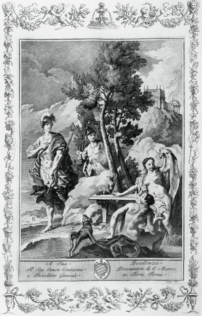 Carlo y Ubaldo en Islas Felices, grabado, por Giovanni Battista Piazzetta (1683-1754) para el Canto XV de Jerusalén Liberada, por Torquato Tasso (1544-1595), edición de Giovanni Battista Albrizzi, Venecia, Italia de Giovanni Battista Piazzetta