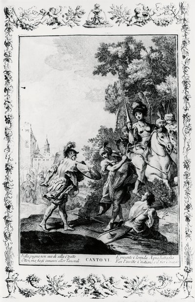 Duelo entre Ottone y Tancredi en presencia de Clorinda, canto VI, Jerusalén liberada de Giovanni Battista Piazzetta