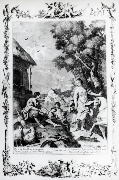 Erminia siendo recibida por un pastor, canto VII, Jerusalén liberada de Giovanni Battista Piazzetta