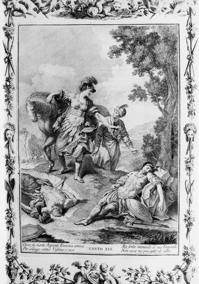 Erminia encontrando a Tancredi herido, canto XIX, Jerusalén liberada de Giovanni Battista Piazzetta