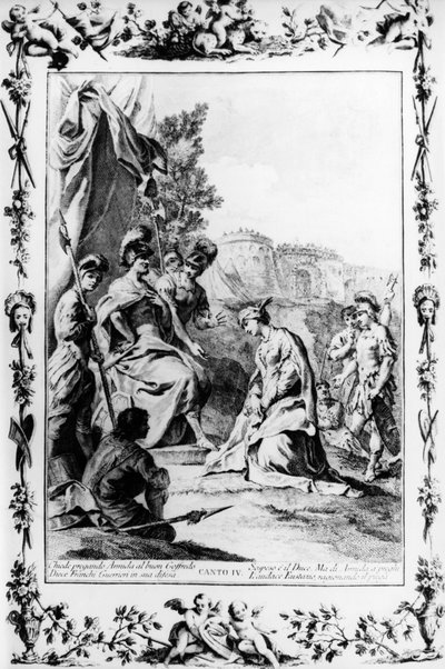 Eustathius intercede a favor de Armida con Godofredo de Bouillon, canto IV, Jerusalén liberada de Giovanni Battista Piazzetta