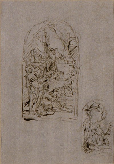 Bocetos para un altar con Santa Margarita de Cortona, San Sebastián y San Roque (anverso); Dos bocetos para un altar (reverso) de Giovanni Battista Piazzetta