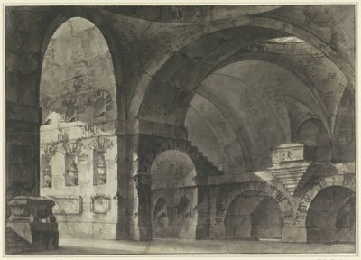 Interior de un gran edificio antiguo con bóvedas de cañón y una estructura de cúpula de Giovanni Battista Piranesi (attributed to)