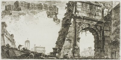 1. Arco de Tito. 2. Villa Farnese. 3. Columnas del Templo de Júpiter Stator. 4. Arco de Septimio Severo. 5. Templo de la Paz, lámina seis de Algunas vistas de arcos triunfales y otros monumentos de Giovanni Battista Piranesi