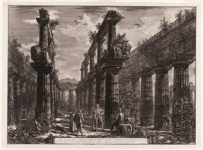 A., B. Vista de los restos de las dos filas de columnas en el Templo de Neptuno que originalmente formaban las columnatas a lo largo de los lados de la cella, y sostenían la parte superior del techo, de Diferentes vistas de Paestum de Giovanni Battista Piranesi