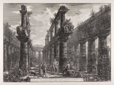 A., B. Vista de los restos de las dos filas de columnas que se hallaban en el Templo de Neptuno, que lateralmente formaban los pórticos de la cella y sostenían la cubierta del edificio ... de Giovanni Battista Piranesi