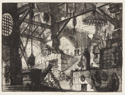 Una ventana enrejada y rústica está situada en el medio de una escalera con grupos de cadenas pesadas a la derecha de Giovanni Battista Piranesi