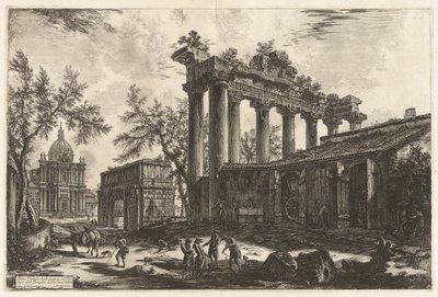 Altra Veduta degli avanzi del Pronao del Tempio del Concordia (Otra vista de los restos del Pronaos del Templo de la Concordia [el Templo de Saturno con el Arco de Septimio Severo al fondo a la izquierda]), de Vedute di Roma (Vistas de Roma) de Giovanni Battista Piranesi