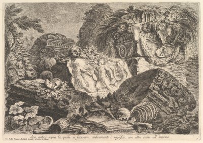 Altar antiguo en el que se realizaban sacrificios en la antigüedad, rodeado de otras ruinas..., ca. 1750 de Giovanni Battista Piranesi