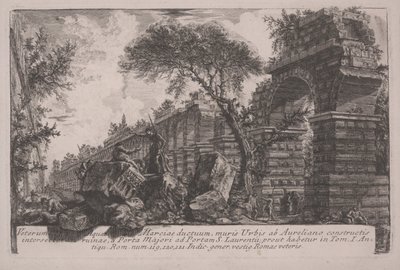 Antiguo acueducto de Acqua Marcia en las murallas de la ciudad erigidas por Aureliano de Giovanni Battista Piranesi