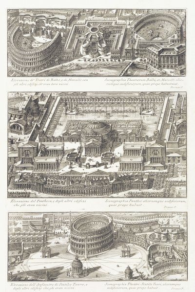 Vistas aéreas de: los teatros Balbo y Marcello, el Panteón y el área circundante, y el Anfiteatro Statilio Tauro de Giovanni Battista Piranesi