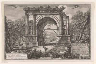Boog van Augustus te Aosta Vista del Arco construido en honor a Augusto cerca de la ciudad de Aosta en Piamonte, anteriormente Augusta Praetoria Salassorum (título sobre el objeto) Enige gezichten op door Romeinen gebouwde triomfbogen en andere Monumenten  de Giovanni Battista Piranesi