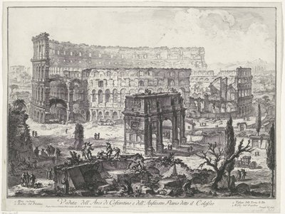 Boog van Constantijn en el Coliseo de Roma Vista del Arco de Constantino y del Anfiteatro Flavio conocido como Coliseo (título sobre el objeto) Gezichten op Rome (título de la serie) Vistas de Roma diseñadas y grabadas por el arquitecto Giambattista Pirane de Giovanni Battista Piranesi